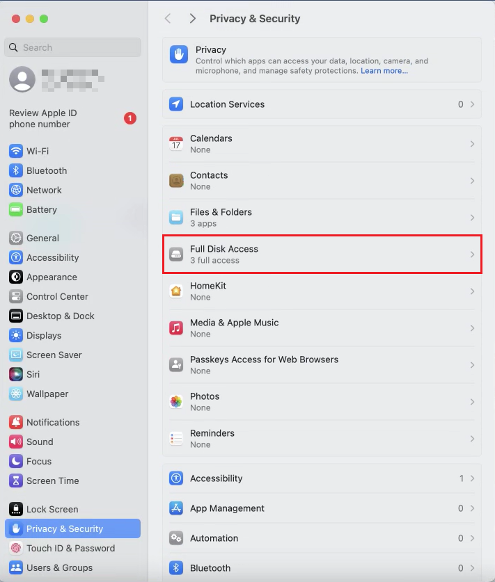 macOS System Settings, Privacy and Security, with Full Disk Access highlighted